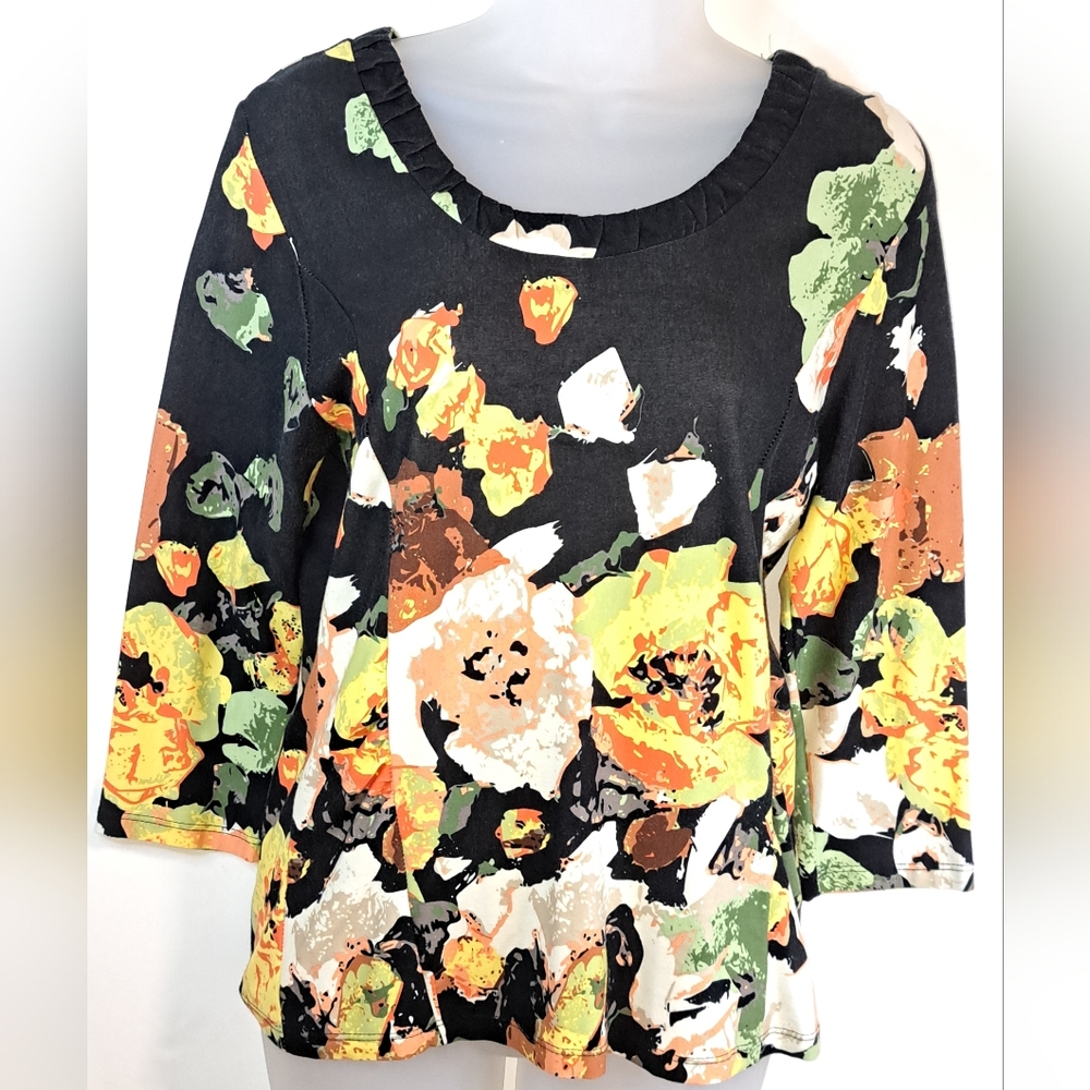 Erin London Women's Medium Floral Top 3/4 Sleeve Stretch